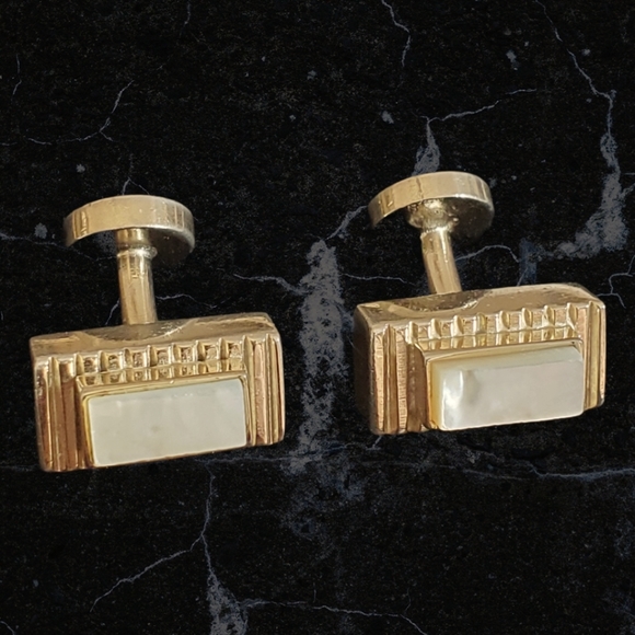 Vintage Mr. John Cuff Links Mother of Pearl Gold Tone - Picture 2 of 10